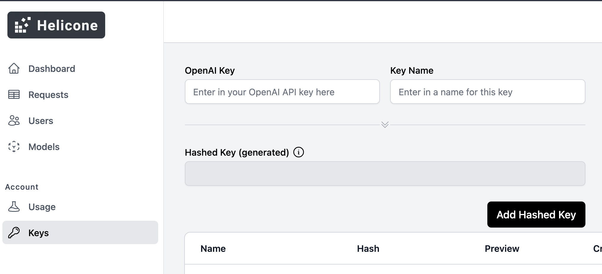 Interface for entering and managing OpenAI API keys in the Helicone dashboard.